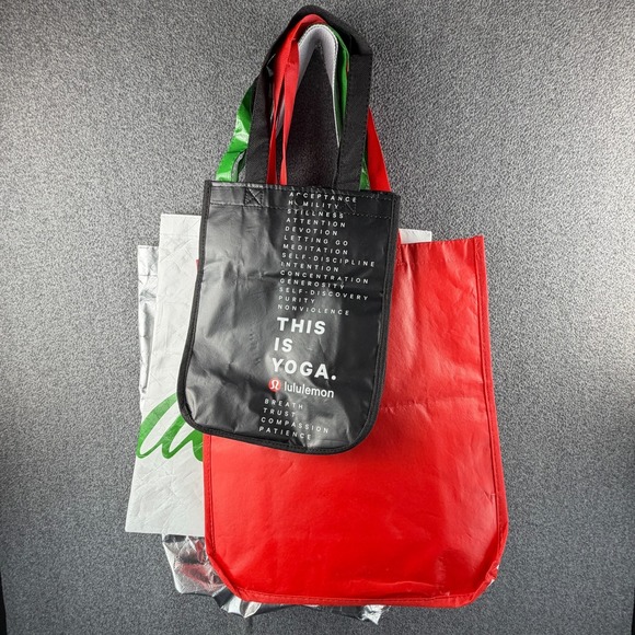 lululemon athletica Handbags - Lululemon Athleta Aerie Reusable Shopping Tote‎ Bags Red Black Mix Lot of 4 Used